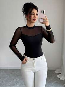 SHEIN PETITE Women's All-Match Versatile Sheer Patchwork Round Neck T-Shirt, Spring/Summer - Black - View 4