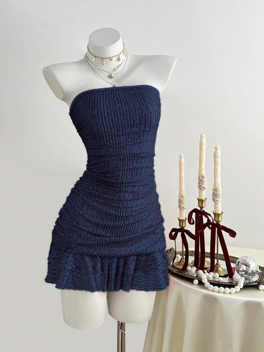 SHEIN Unity Women's Solid Color Sequin Pleated Ruffle Hem Fashionable Tube Dress - Navy Blue - View 1