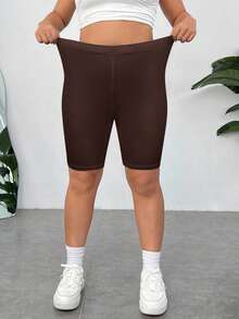 SHEIN EZwear Pantaloncini casual skinny vita alta elastica, taglia comoda, colore marrone - Castano - Visualizzare 4