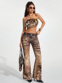 Jeanoix 女士豹纹口袋喇叭牛仔裤 - 彩色 - 查看 5