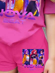 2pcs/Set Ombre Pink Cartoon Girl Graphic Tee And Shorts, Casual K-Pop Inspired Summer Outfit For Tweens - Multicolor - View 4