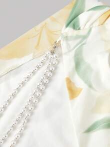 SHEIN MOD 梦幻浪漫黄色花卉印花垂褶领两件套——美人鱼裙摆，珍珠链饰，适合花园茶会、约会、派对、女士春夏装、春假、度假、野餐、节日、生日等场合 - 黃色 - 查看 6