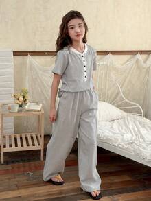 DAZY 少女条纹印花圆领短袖上衣和裤子睡衣套装 - 彩色 - 查看 7