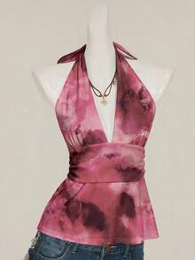 SHEIN ICON Áo tank top kiểu vintage cổ yếm, cổ chữ V sâu, thắt eo, dáng chữ A, hở lưng. - Hồng - Xem 7