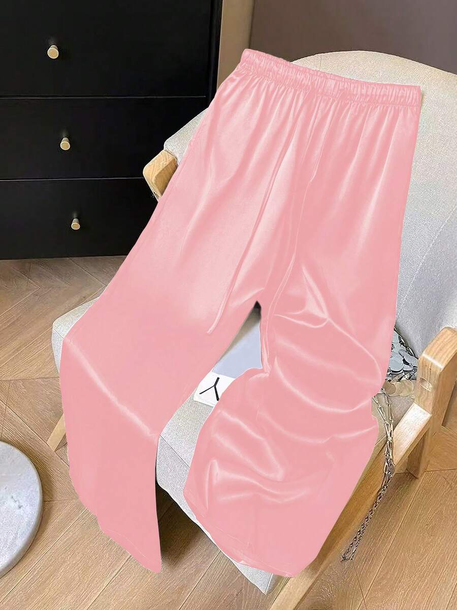 Lyxana Women's Casual Solid Color Drawstring Waist Long Pants - Pink - View 1
