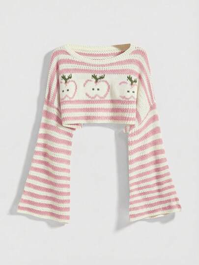 ROMWE Kawaii SpringCute Mori Style Apple Pattern Cropped Loose Flare Sleeve Sweater