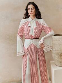 Anewsta 条纹喇叭袖系带腰身设计女士长裙 - 紅色 - 查看 5