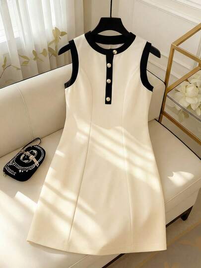 GlowEve Women's Round Neck Button Casual Date Party Mini Dress