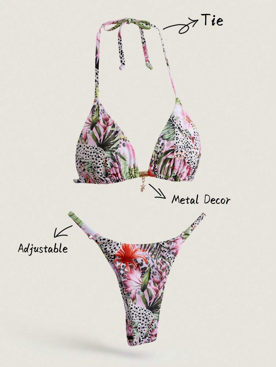 Elavelle Bộ bikini gợi cảm cổ yếm in họa tiết ngẫu nhiên dành cho nữ, trang phục đi biển mùa hè. - Nhiều màu - Xem 1