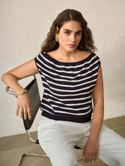 MOTF PREMIUM BLUSA DE PUNTO ELEGANTE CON CUELLO DE BARCO Y RAYAS, NUEVO ESTILO DE VERANO PARA TALLAS GRANDES