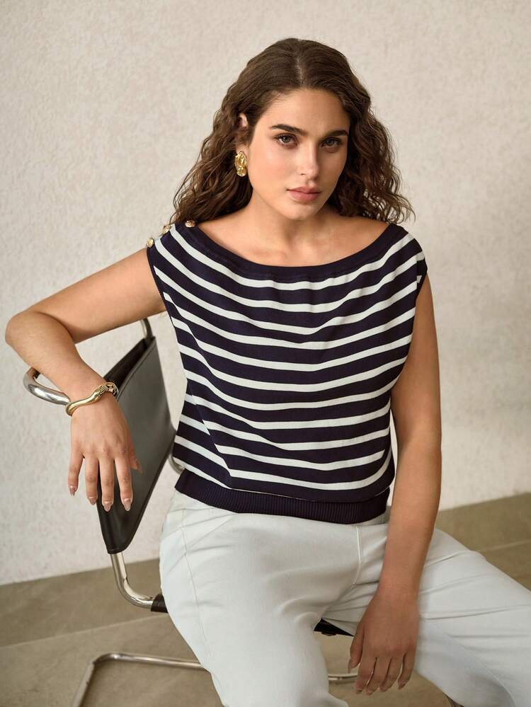 PLUS SIZE BOAT NECK STRIPED ELEGANT KNIT TOP, NEW SUMMER STYLE