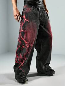 ROMWE MEN Street Life 男士红黑相间荆棘口袋宽松牛仔裤 - 黑色 - 查看 1