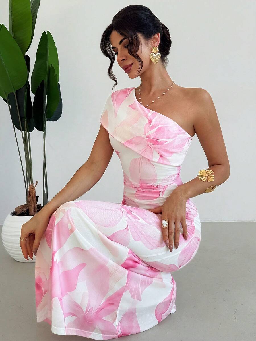 Firerie Vestido elegante y romántico para vacaciones en la playa, con estampado floral rosa y blanco de malla, hombro asimétrico y ajustado, adecuado para el té de la tarde, vacaciones elegantes, cumpleaños, cita romántica de San Valentín