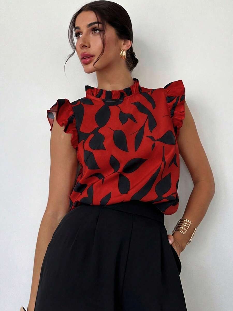 Firerie Women's Elegant Floral Print Cap Sleeve Blouse, Suitable For Daily Wear And Vacation,Red Top - Red - View 1