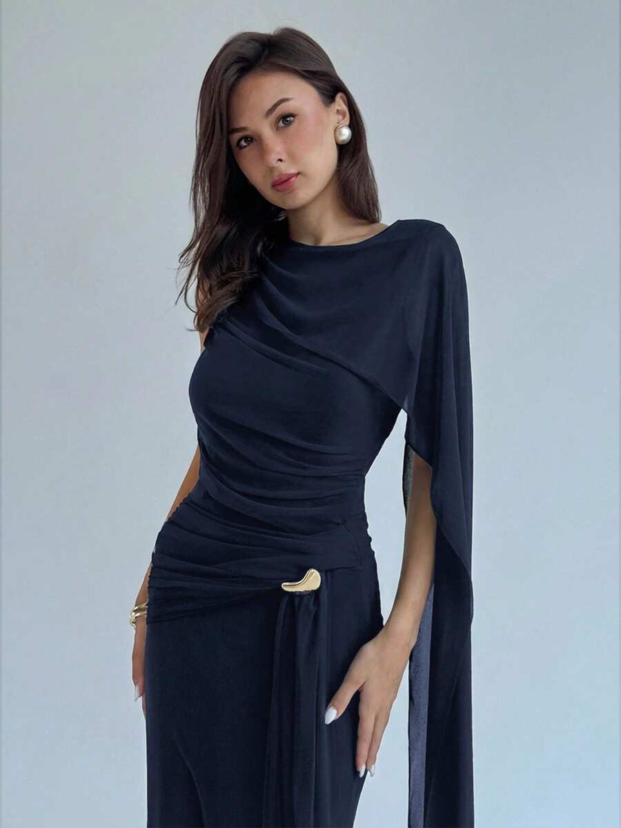 Aloruh Women's Solid Color Round Neck Flowy Dress - Navy Blue - View 1