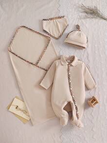 4pcs Baby Romper Set, White With Plaid Drawstring Design, Includes Matching Swaddle Blanket, Hat And Bib - Khaki - View 1