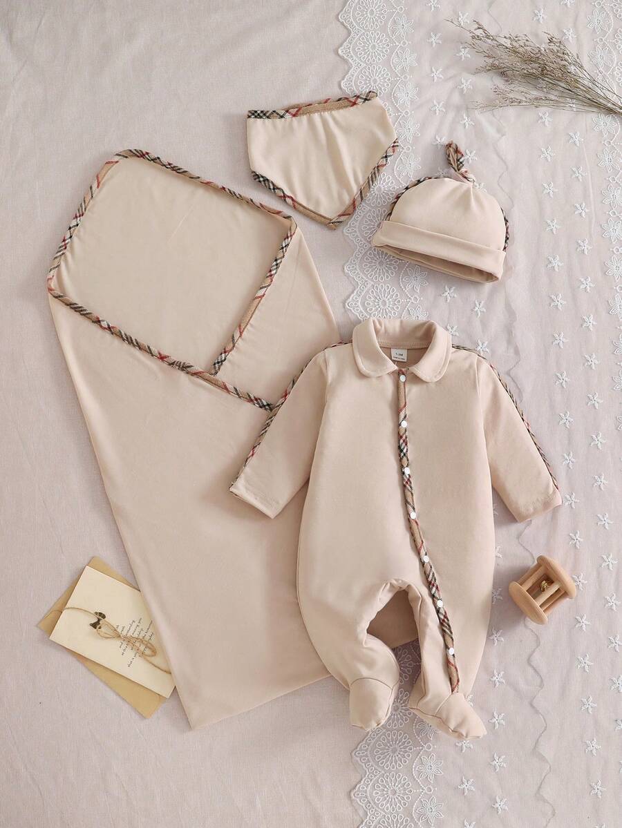 4pcs Baby Romper Set, White With Plaid Drawstring Design, Includes Matching Swaddle Blanket, Hat And Bib - Khaki - View 1