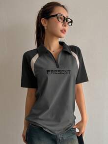 DAZY Camiseta feminina de verão com estampa de letras em blocos de cores e manga curta grande, camiseta de jersey, camisetas gráficas