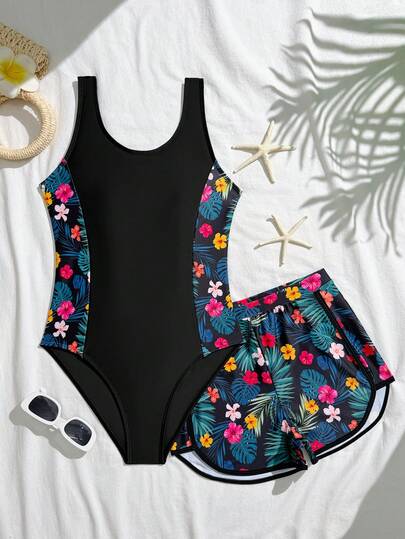 Tween Girls One-Piece Swimsuit, 2-Piece Set With Black Floral & Plant Print, Fashion Casual Elegant Sporty Lively Cute Activewear, Suitable For Swimming, Vacation, Beach, Pool, Photo Shoot, Gift, Water Park, Spa In Summer Swimsuits For Teen Girls Black Swim Suit Set Swimming Suits For Teens Modest Two Piece Swimsuit Swim Wear Black Floral Swimsuit Modest Swimsuit