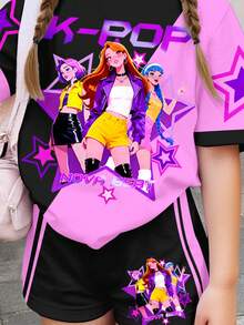 女童卡通字母印花圆领短袖T恤和短裤休闲夏季套装，适合日常穿着、户外野餐、街头风、居家、上学等场合。 - 彩色 - 查看 6