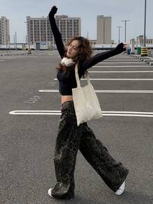 DAZY Women's Leopard Print Pocket Loose Fit Wide Leg Jeans Y2k - Khaki - View 4