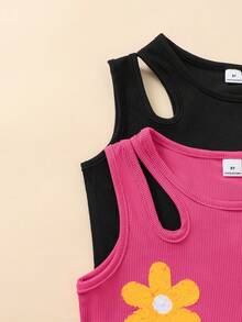 2件套 女童度假风 3D立体花卉刺绣镂空修身露脐背心，白色和洋红色 - 黑色 - 查看 3