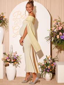 Loomaby Elegant Off Shoulder Ruffle Maternity Dress For Party Dress Gender Reveal Dress Maternity Dress Baby Shower Dress - Yellow - View 6