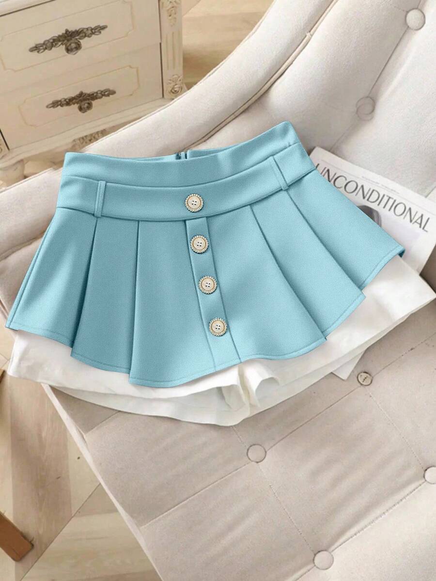 Chiquease New Summer High Waist Slimming Contrast Color Button A-Line Shorts - Baby Blue - View 1