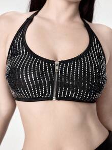 ROMWE Women's Gothic Punk Crinkle Zip Front Halter Sexy Bralette - Black - View 1