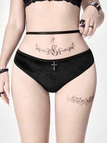 ROMWE 1pc Gothic Velvet Pentagram Print Thong Panty - Black - View 2