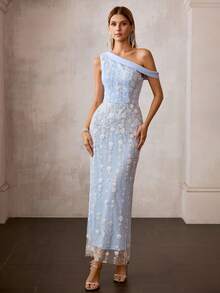 MOTF Soiréza WOMEN'S ELEGANT COCKTAIL LONG DRESS WITH MESH EMBROIDERY PATCHWORK AND ASYMMETRICAL NECK DESIGN, SPRING/SUMMER - Green - View 4