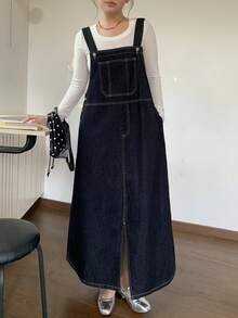 Dazy Plus Plus Size Women Loose Casual Strap Straight Hem Slit Maxi Denim Dress, Sleeveless - Dark Wash - View 8