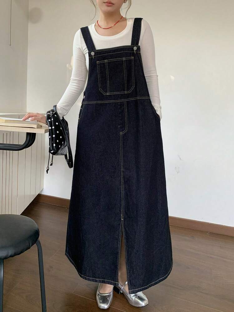 Dazy Plus Plus Size Women Loose Casual Strap Straight Hem Slit Maxi Denim Dress, Sleeveless