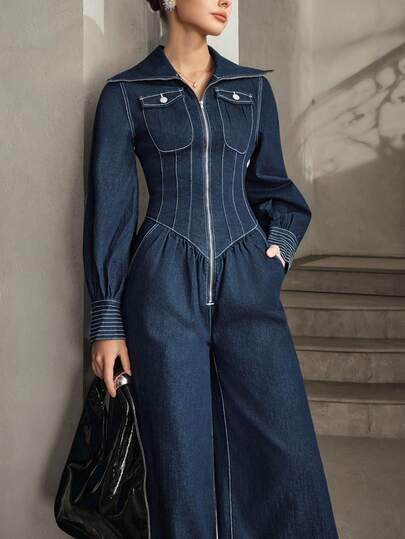 Selenza Women's Long Sleeve Zipper Front Pocket Design Wide Leg Fashion Denim Jumpsuit Denim Jumpsuits For Woman Jumpsuits For Woman Wide Leg Women's Jumpsuits Wide Leg Jumpsuit