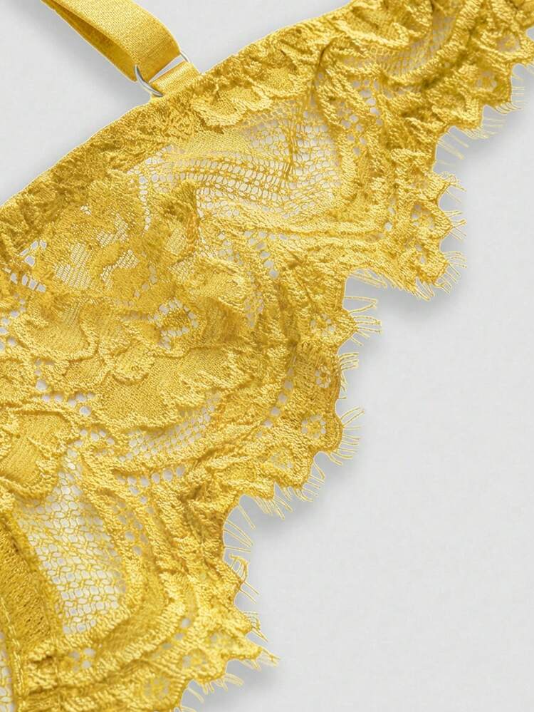 ROMWE Goth Floral Lace Underwire Triangle Cup Bra - Yellow - View 4