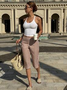 Pariaura 女士复古格子图案修身七分裤，春夏款 - 彩色 - 查看 4