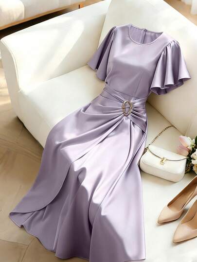 Franclia Women's Elegant Party Dress, Glossy Satin Dress, Metallic Embellishment Dress, Flared Sleeve Dress, Round Neck Dress, Spring/Summer Dress.