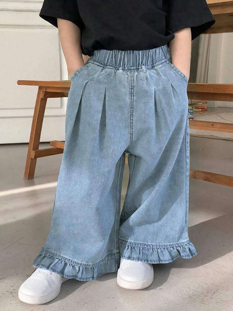 Young Girl Elastic Waist Pocket Pleated Ruffle Hem Casual Versatile Daily Wear Wide Leg Jeans