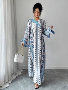Women's Floral Geometric Print Bow Cuff Loose Arabic Style Dress - Multicolor - View 7