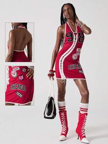ROMWE Spring/Summer Women's Sexy Y2K Halter Embroidered Decor Bodycon Mini Dress - Burgundy - View 1