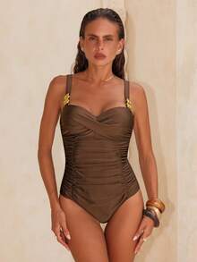 Swim Chiccia 1pc Elegant Metallic Shiny Fabric Twisted Cup One-Piece Swimsuit - Coffee Brown - View 4