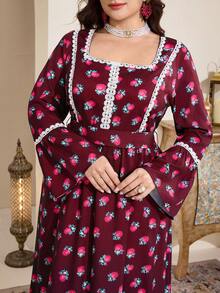 Al Najma Plus Size Women Floral Print Square Neck Flare Sleeve Elegant Arabic Style Dress - Burgundy - View 7