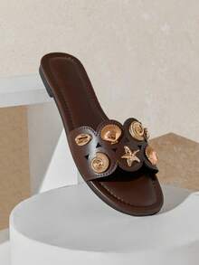 Solezae Women's Minimalist Comfortable, , One Band Slip-On Flat Sandals With Metal Ornaments - Coffee Brown - View 1