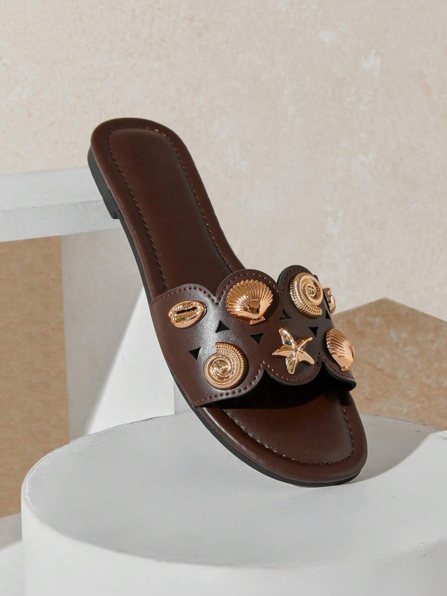 Solezae Women's Minimalist Comfortable, , One Band Slip-On Flat Sandals With Metal Ornaments - Coffee Brown - View 1