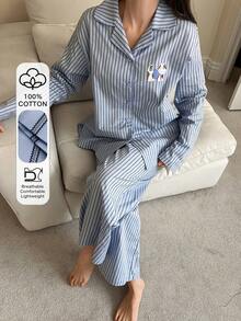 DAZY 2件套秋季棉质卡通小狗条纹宽松开衫长袖长裤女式睡衣套装 - 藍色 - 查看 5