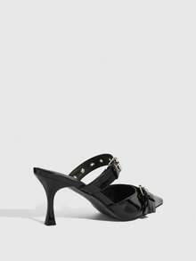 CUCCOO SZL Punk Style Metal Buckle Pointed Toe Patent Leather Sandals, Suitable For Street Style, Party And Other Occasions - Black - View 10