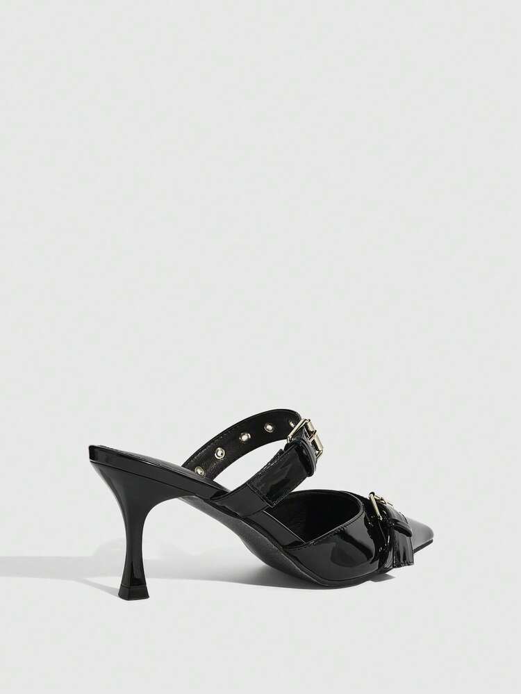 CUCCOO SZL Punk Style Metal Buckle Pointed Toe Patent Leather Sandals, Suitable For Street Style, Party And Other Occasions Prom Heels
