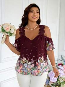 SHEIN Frenchy 大码女式碎花露肩时尚优雅上衣，适合春季穿着，优雅百搭，情人节必备。 - 酒紅色 - 查看 4