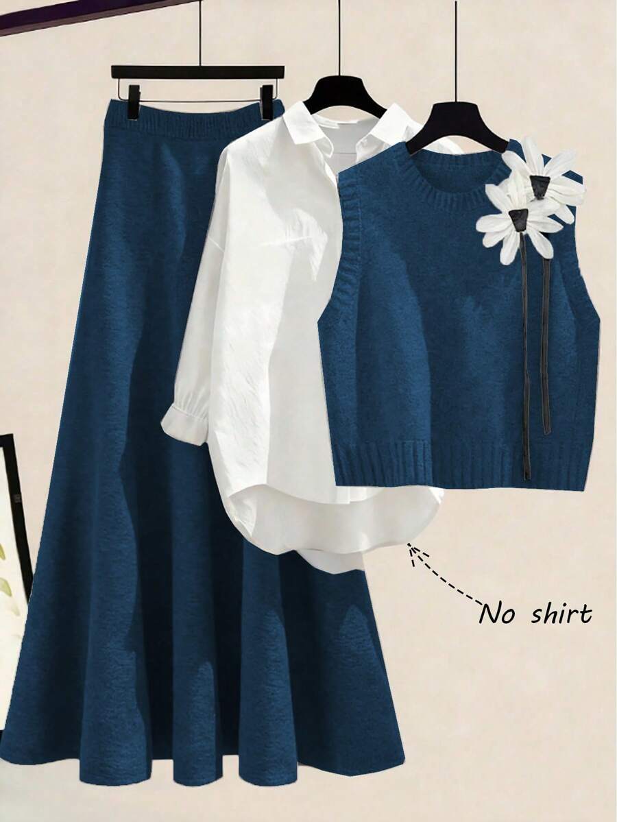 Franclia Nuovo set da 2 pezzi autunno/inverno, maglia smanicata con collo a giro e motivo floreale 3D abbinata a gonna midi a-line in maglia, stile versatile e ampio - Blu - Visualizzare 1