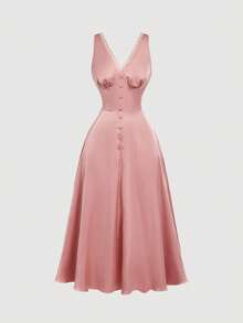 SHEIN MOD 梦幻浪漫粉色缎面修身喇叭连衣裙，前后V领设计，弹力面料，露背蕾丝边饰——适合花园茶会、约会、派对、女士春夏装、春假、度假、野餐、节日、生日等场合。 - 粉色 - 查看 2